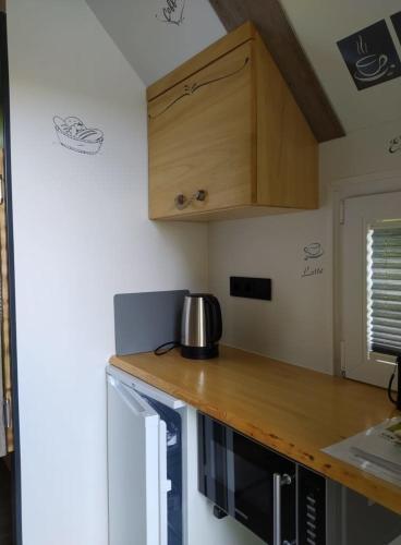a kitchen with a counter top and a microwave at Fehnkate in Papenburg