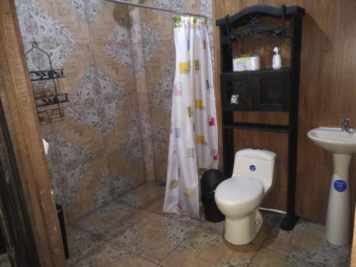 a bathroom with a toilet and a sink at Cabañas Montañas del Tenorio in San Rafael