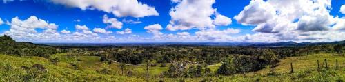 a view of a field with trees and clouds at Cabañas Montañas del Tenorio in San Rafael