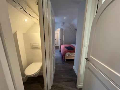 a hallway with a toilet and a bed in a room at Appartement avec terrasse en plein cœur de Vernon in Vernon