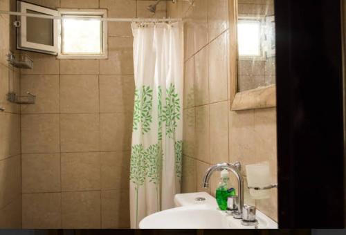 une salle de bain avec un rideau de douche et un lavabo dans l'établissement Patagonia Beach Las Grutas!, à Las Grutas