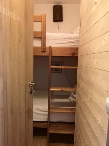 Cette petite chambre comprend des lits superposés et une porte. dans l'établissement Auron, 2 pièces meublé, coin montagne,6 couchages, à Saint-Étienne-de-Tinée