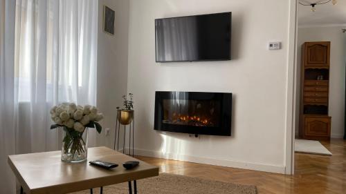 a living room with a fireplace on the wall at Maple Lodge in Braşov