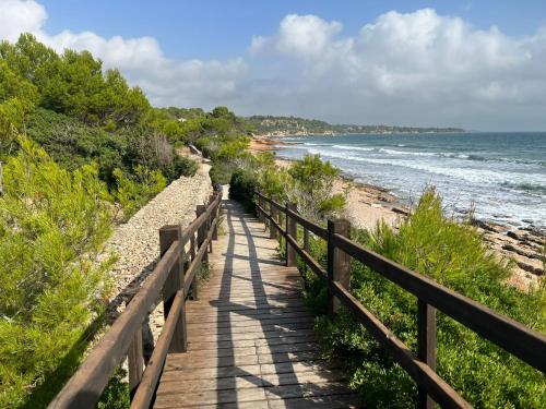 un camino de madera que conduce a la playa en Lo Petit Delta, en El Lligallo del Gànguil