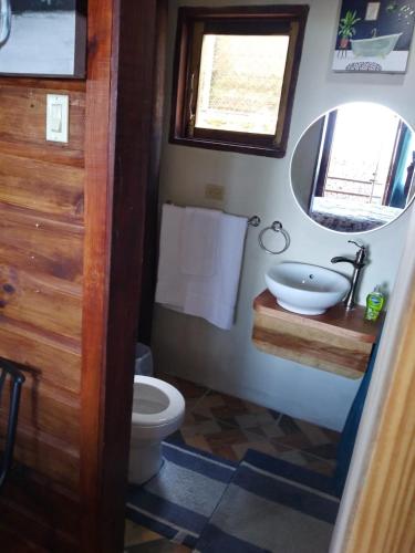 a bathroom with a toilet and a sink and a mirror at Bella Vista Vacation in Montego Bay