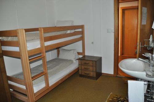 een slaapkamer met een stapelbed en een wastafel bij Hostel Engelberg "mein Trail Hostel" in Engelberg