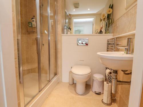 a bathroom with a shower and a toilet and a sink at 7 The Meadows in Carnforth