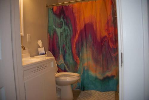 y baño con cortina de ducha colorida y aseo. en Grateful GVL Gathering III, en Greenville