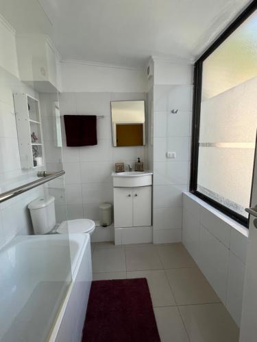 een witte badkamer met een toilet en een wastafel bij Hermoso departamento en cerro Bellavista in Valparaíso