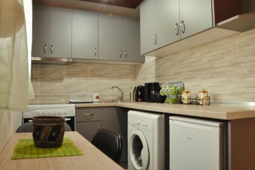eine Küche mit Waschmaschine und Trockner in der Unterkunft TasoulasHome 1-μονοκατοικια με αυλη in Komotiní