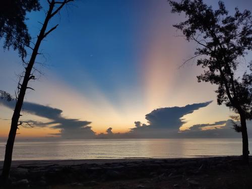 a sunset over the water with two trees on a beach at Tamu Beradu Seaview Private Pool Villa in Dungun