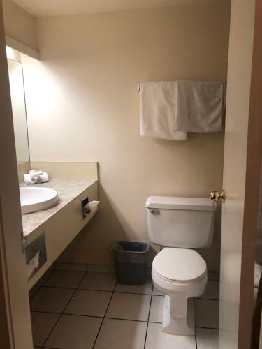 uma casa de banho com um WC branco e um lavatório. em Island Travel Inn em Victoria