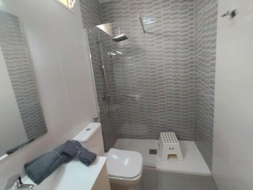 ein Bad mit einem WC, einem Waschbecken und einer Dusche in der Unterkunft Green Oasis Maspalomas garden 11 in Maspalomas