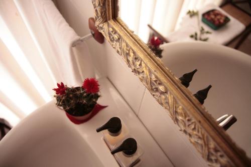 a bathroom with a mirror and a plant on a sink at Hostal Antigua Morellana in Valencia