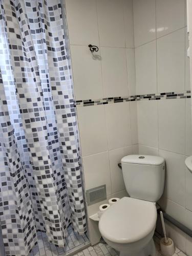 een badkamer met een toilet en een douchegordijn bij STUDIO ENTRE PARIS et DISNEY 3 in Torcy