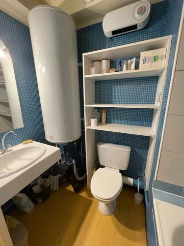 une salle de bain avec des toilettes blanches et un lavabo dans l'établissement Le Seignus d'Allos T2 30m2. Aux pieds des pistes., à Allos