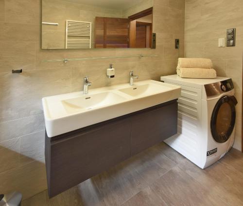 y baño con lavabo y lavadora. en Apartment Adélka 203 - Residence Koubek en Špindlerův Mlýn