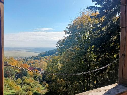 a view of the forest from a building with a chain at Villa Hubertus in Srebrna Góra