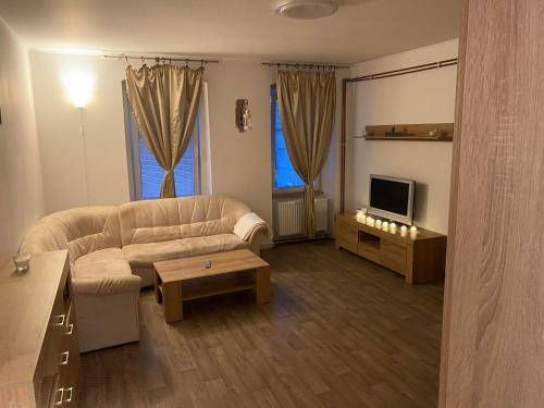 a living room with a couch and a tv at ApartmentsCarlsbad in Karlovy Vary