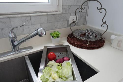 un fregadero con una bandeja de verduras en un mostrador en The Victorian Luxury Condo O-1, en Cabarete