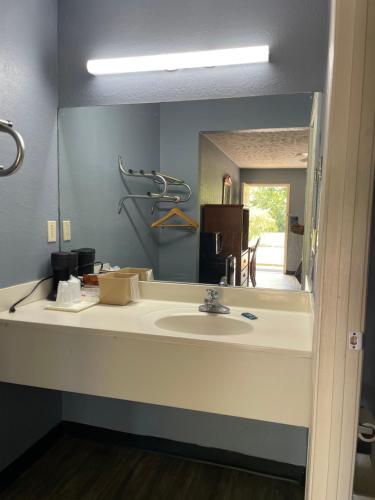 a bathroom with a sink and a large mirror at Deerfield Inn in Adamsville