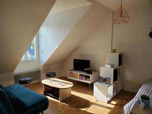 un salon avec un canapé et une télévision dans l'établissement Le Cannabellas, à La Rivière-Saint-Sauveur