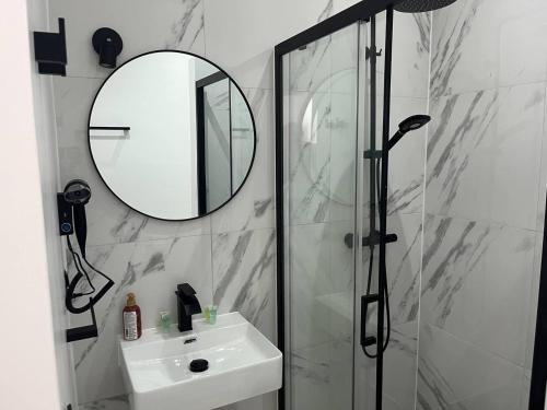 a bathroom with a shower and a sink and a mirror at BED Cauchy in Namur