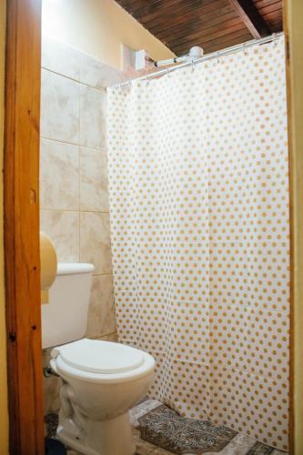 a bathroom with a toilet and a shower stall at Cabañas Los Timbó in Ituzaingó