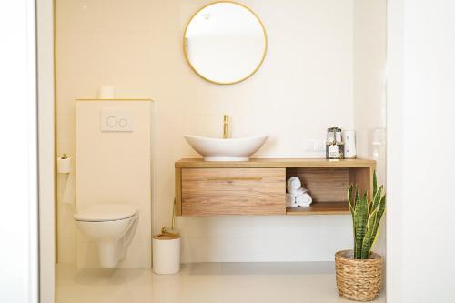 a bathroom with a toilet and a mirror on the wall at Rezydencja Dychów in Dychów