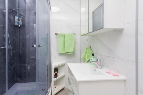 bagno bianco con doccia e lavandino di Apartman Lariva a Osijek