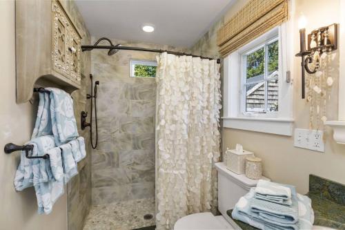 a bathroom with a shower with a toilet and a sink at Glamorous Cabana in Newburyport