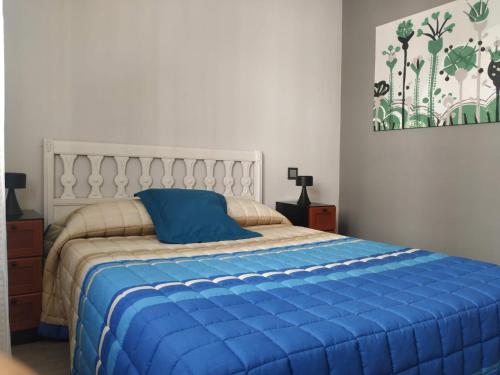 1 dormitorio con 1 cama con manta azul en Los 3 arboles, en Zamora
