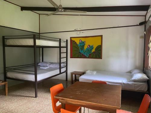 two bunk beds in a room with a table and a dining room at Be My Guest Cabinas in Puerto Viejo