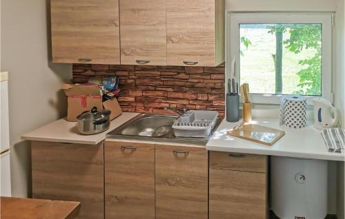 a kitchen with a sink and a brick wall at Stunning Home In Pieniezno With Wifi in Pieniężno