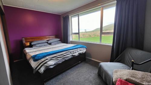 a bedroom with purple walls and a bed and a window at Best Bay Views in Colac Bay