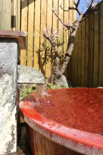 a water fountain in front of a wooden fence at Saigiku in Iwaki