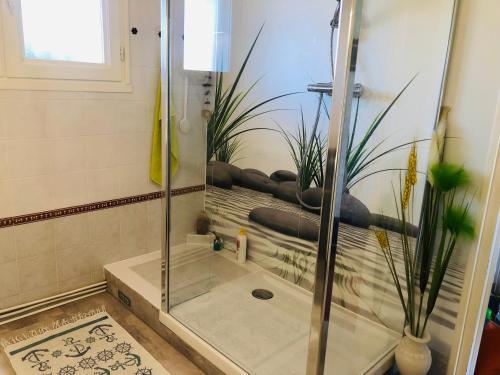 une douche avec une porte vitrée dans une salle de bain dans l'établissement Studio dans belle maison landaise, à Arès