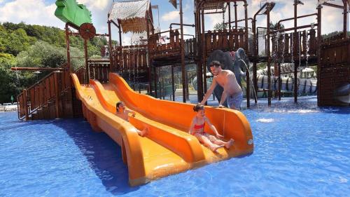 a man and a child on a slide at a water park at Terme Olimia - Aparthotel Rosa in Podčetrtek