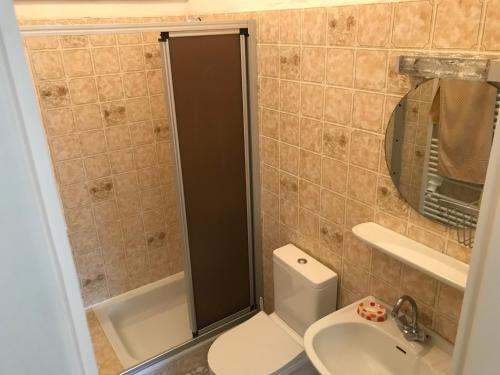 uma casa de banho com um WC, um lavatório e um espelho. em Modernes Ferienhaus Willingen em Willingen