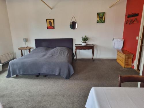 1 dormitorio con 1 cama y 1 mesa en Herberg restaurant Molenrij, en Kloosterburen