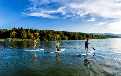 three people are paddle boarding on a lake at Hotel Bau Maribor in Maribor