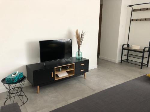 een zwart entertainmentcentrum met een flatscreen-tv in de woonkamer bij Vimachlea in Bourg-Saint-Christophe