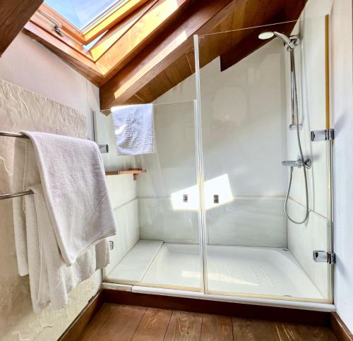 y baño con ducha y puerta de cristal. en Apartamentos Rurales El Lleron en Caso