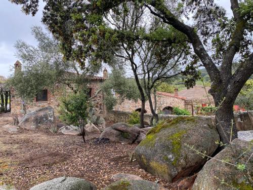a stone house with a tree and some rocks at Casas Rurales Monasterio de Rocamador in Almendral