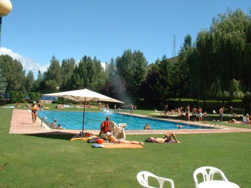 un grupo de personas yaciendo en la hierba junto a una piscina en Dúplex en el centro de Alp, en Alp
