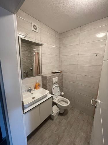 uma casa de banho com um lavatório e um WC em ShooTer Apartments em Ferizaj