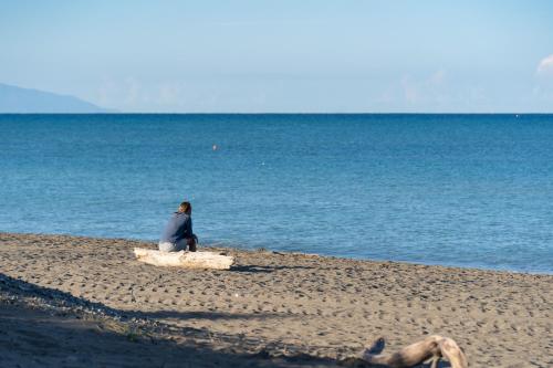 a person sitting on a beach near the water at Camping Il Capannino Glamping Village in Marina di Bibbona