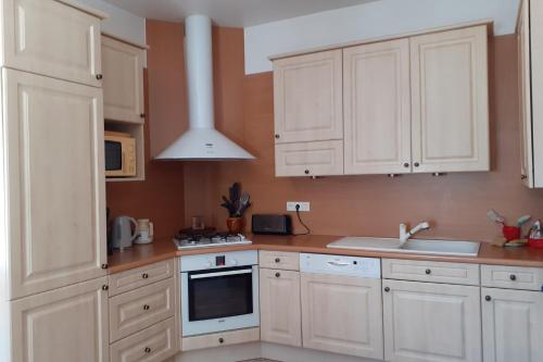 une cuisine avec des armoires blanches et un four à plaques de cuisson dans l'établissement Maison du Guier 4 ou 6 personne au coeur du massif, à Saint-Pierre-de-Chartreuse