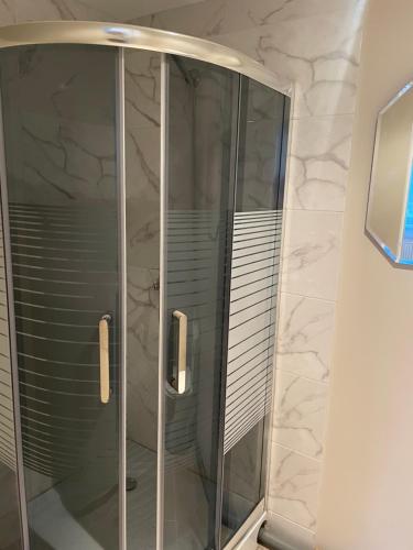 y baño con ducha y puerta de cristal. en KurBrauksim Windau Rooms, en Ventspils
