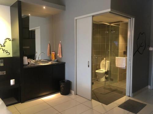 a bathroom with a shower and a sink and a toilet at Aeropod Sovo-Star Suite in Kota Kinabalu